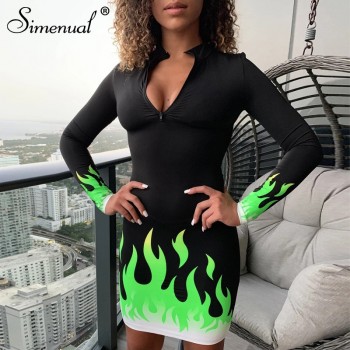 Simenual Fitness Sexy V Neck Bodycon Dress Women Long Sleeve Neon Flame Print Dresses Zipper 2019 Autumn Fashion Slim Mini Dress